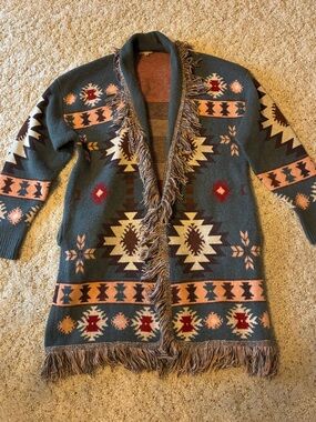 JODIFL Aztec Fringe Open-Front Cardigan with Cream & Rust Accents